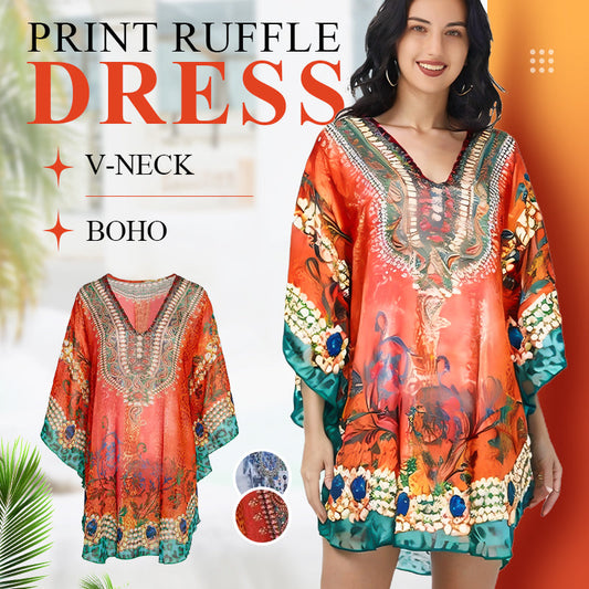 🔥🏷️New arrival 50% OFF🔥V-Neck Boho Print Ruffle Dress👗