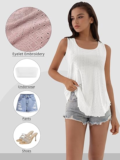 🔥Hot Sale 50% OFF💥Womens Tank Tops Sleeveless EyeletEmbroidery Scoop Neck Loose Fit Casual SummerFlowy
