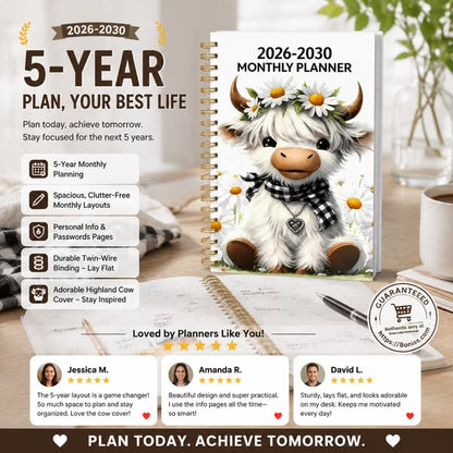 ⏰📅LAST DAY SALE ONLY￡7.99!!🐮Highland Cow 5-Year Monthly Planner – Long-Term Organisation & Goal Planning in One Place✨