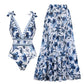 💥Special Offer: 50% Discount💥One-piece swimsuit with V-neck, lacing & print, plus skirt
