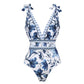 💥Special Offer: 50% Discount💥One-piece swimsuit with V-neck, lacing & print, plus skirt