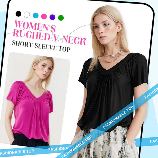 ⏰LIMITED HOT SALE JUST ￡10.99!!💥Women's Casual Pleated V-Neck Short-Sleeve Top