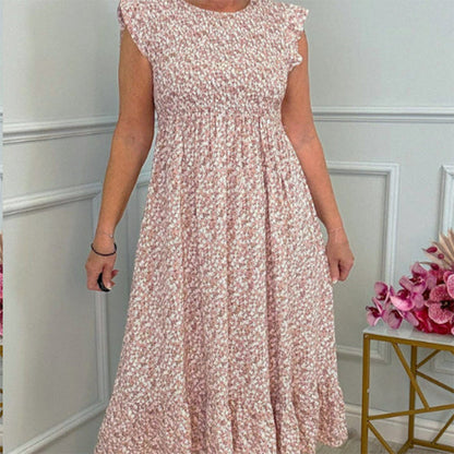 🔥🎁New arrival 50% OFF💥🌸Women's Elegant Floral Print High-Waisted Ruffle Cap Sleeve Dress💃
