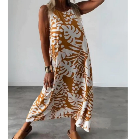 🔥Summer Hot Sale 50% OFF💝Sleeveless Leaf Printed Open Back V-Neck Maxi Dress