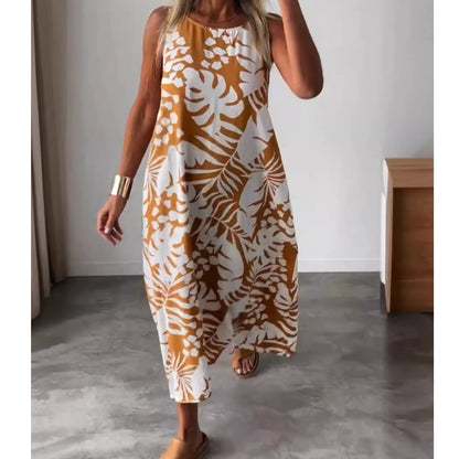 🔥Summer Hot Sale 50% OFF💝Sleeveless Leaf Printed Open Back V-Neck Maxi Dress