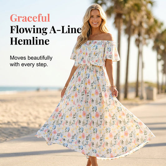 👗 60% OFF NOW! 🌸 Printed Off-Shoulder Short Sleeve Maxi Dress – Floral Print, Ruffled Bodice & Hidden Pockets ✨