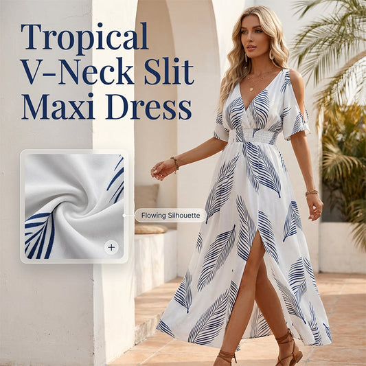 🔥Hot Sale 49% OFF🥰Cold Shoulder Tropical Print Split Maxi Dress