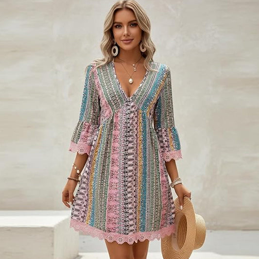 📢📢40% OFF !! ⏰The Bohemian Lace Trim Dress: V-neck, Long Sleeves, All-over Print