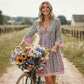 📢📢40% OFF !! ⏰The Bohemian Lace Trim Dress: V-neck, Long Sleeves, All-over Print