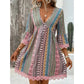 📢📢40% OFF !! ⏰The Bohemian Lace Trim Dress: V-neck, Long Sleeves, All-over Print