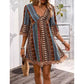 📢📢40% OFF !! ⏰The Bohemian Lace Trim Dress: V-neck, Long Sleeves, All-over Print