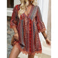 📢📢40% OFF !! ⏰The Bohemian Lace Trim Dress: V-neck, Long Sleeves, All-over Print