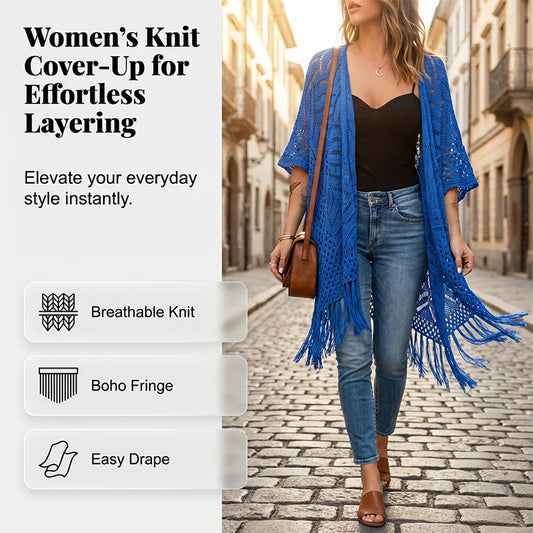 ⏳SUMMER HOT SALE 50% OFF!✨⏰Women's Open-Front Knit Cover-Up with Tassel Fringe – Bohemian & Lightweight – Beach Essential 🌴