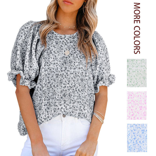 ⏰💥Last Day Special Sale 70% OFF👚Women's Crewneck Smocked Puff Sleeve Floral Print Blouse