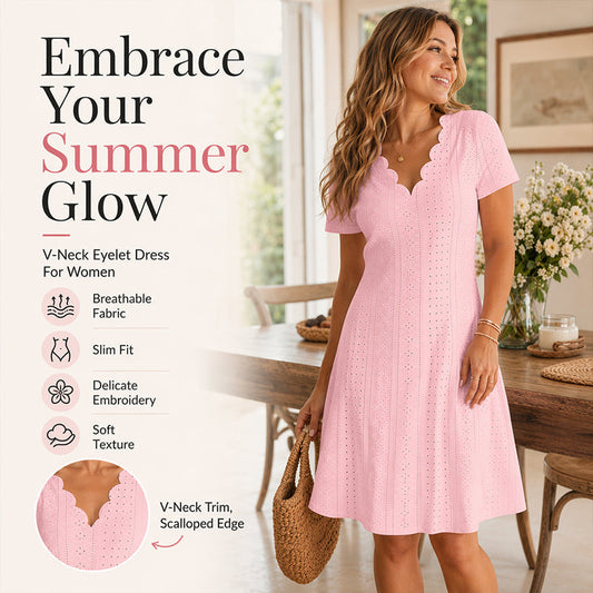 💖LAST DAY SALE ONLY ￡12.99!! 👗Women's Scalloped V-Neck Eyelet Dress – Lightweight & Romantic for Garden Parties or Brunch 🌿