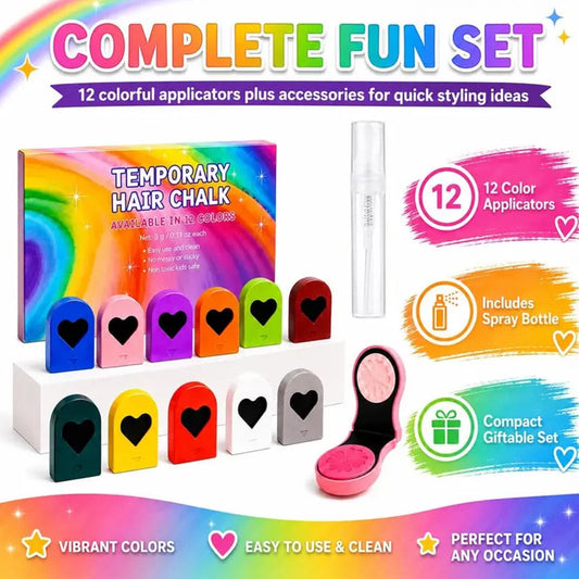 ⏳LAST DAY SALE ONLY ￡7.99!!🔥Temporary Hair Chalk – 12 Wash-Out Colours 🌈 | No Bleach, No Stain | UK-Family Approved ✅