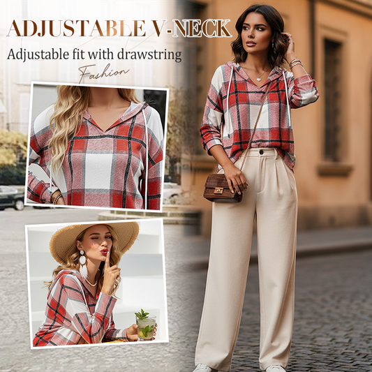 🍂 Easy Everyday Comfort 👚Women's Plaid Hooded Long Sleeve Drawstring V Neck Shirts